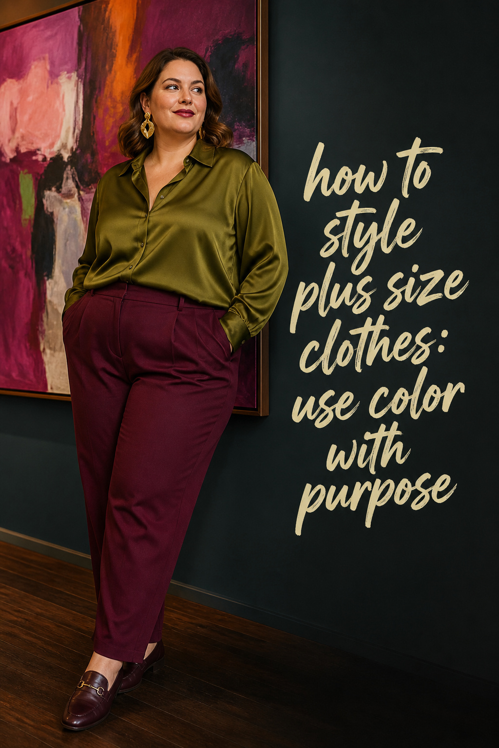 how to style plus size clothes with olive satin and berry trousers