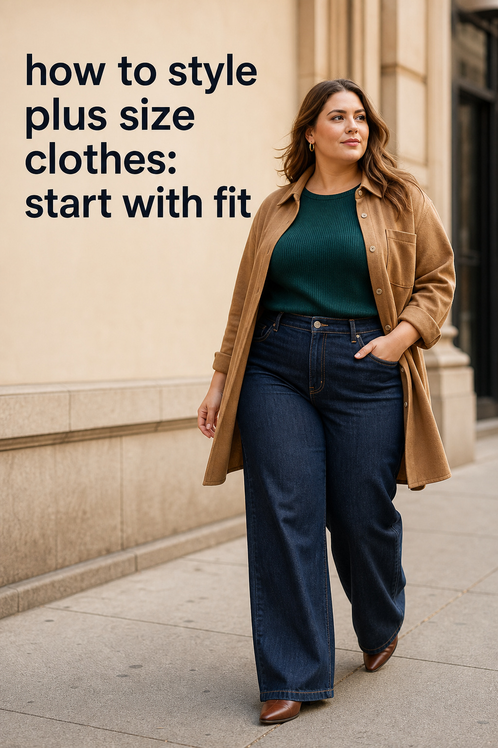 how to style plus size clothes with wide-leg denim and a camel layer