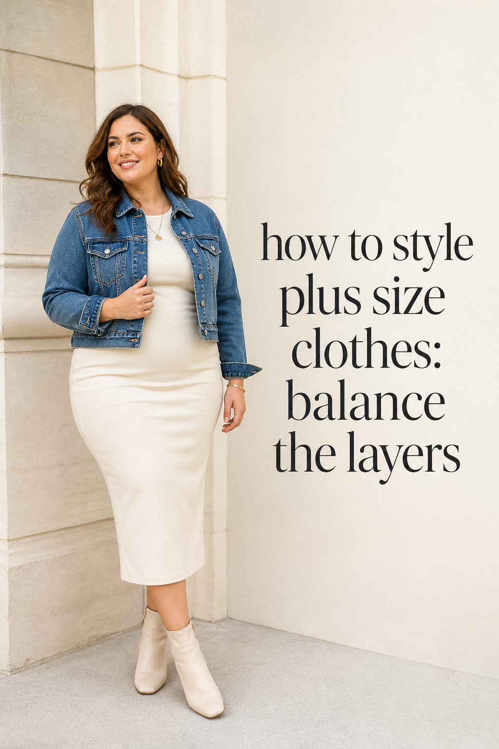 how to style plus size clothes with a cream dress and denim jacket