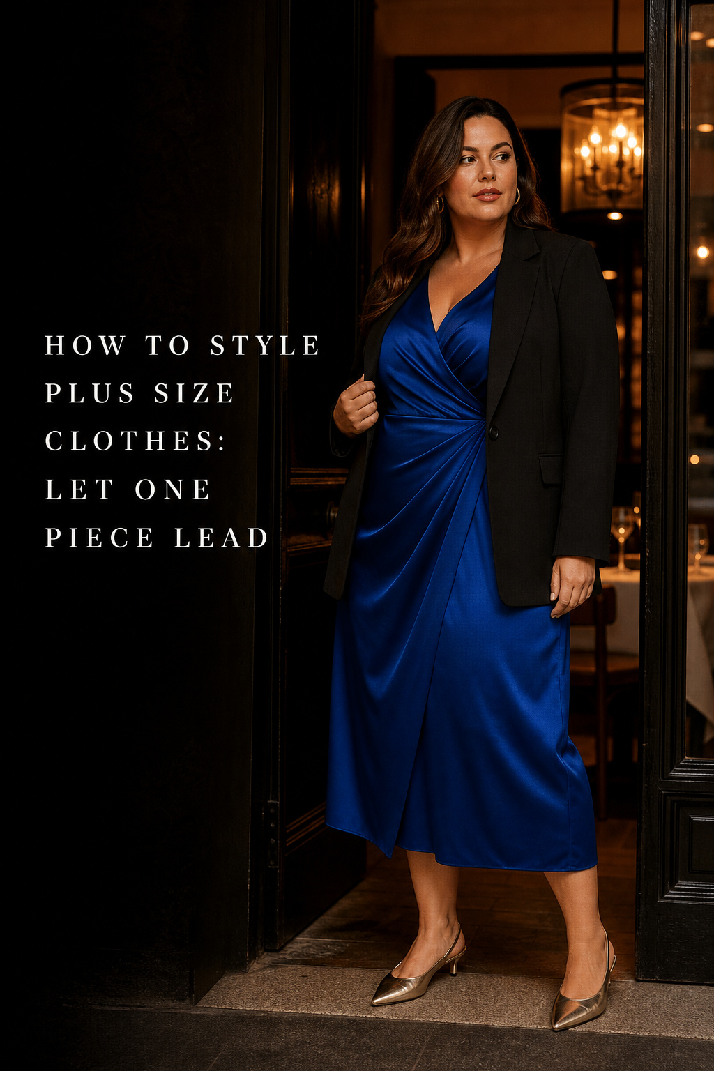 how to style plus size clothes with a jewel-blue dress and blazer