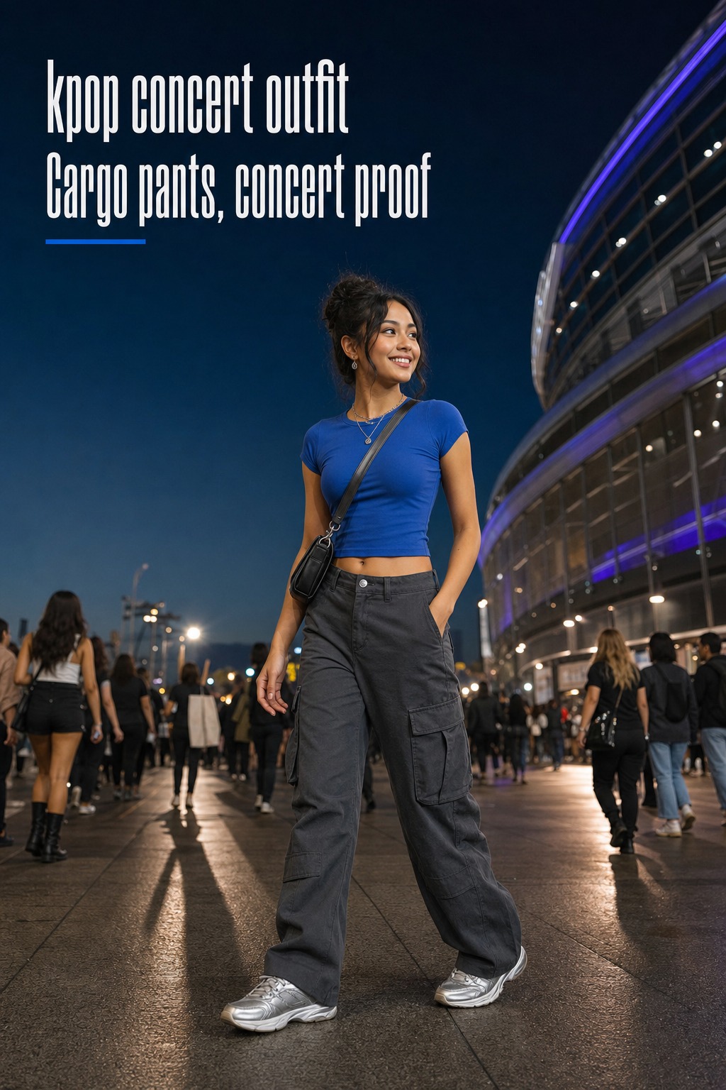 Kpop concert outfit with cargo pants and cobalt tee