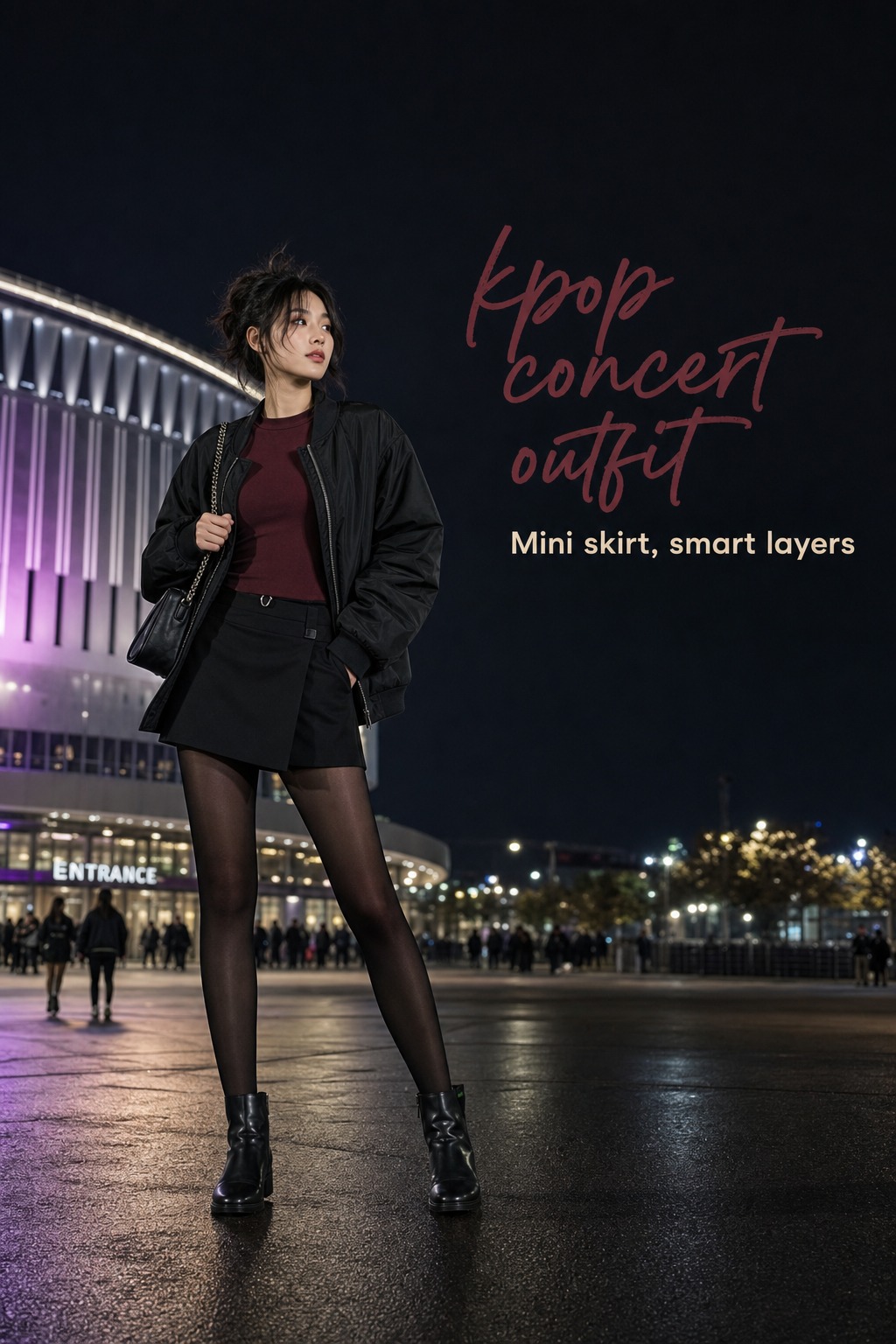Kpop concert outfit with mini skirt and bomber jacket