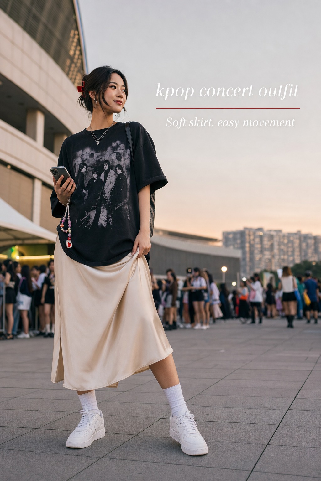 Kpop concert outfit with graphic tee and soft skirt