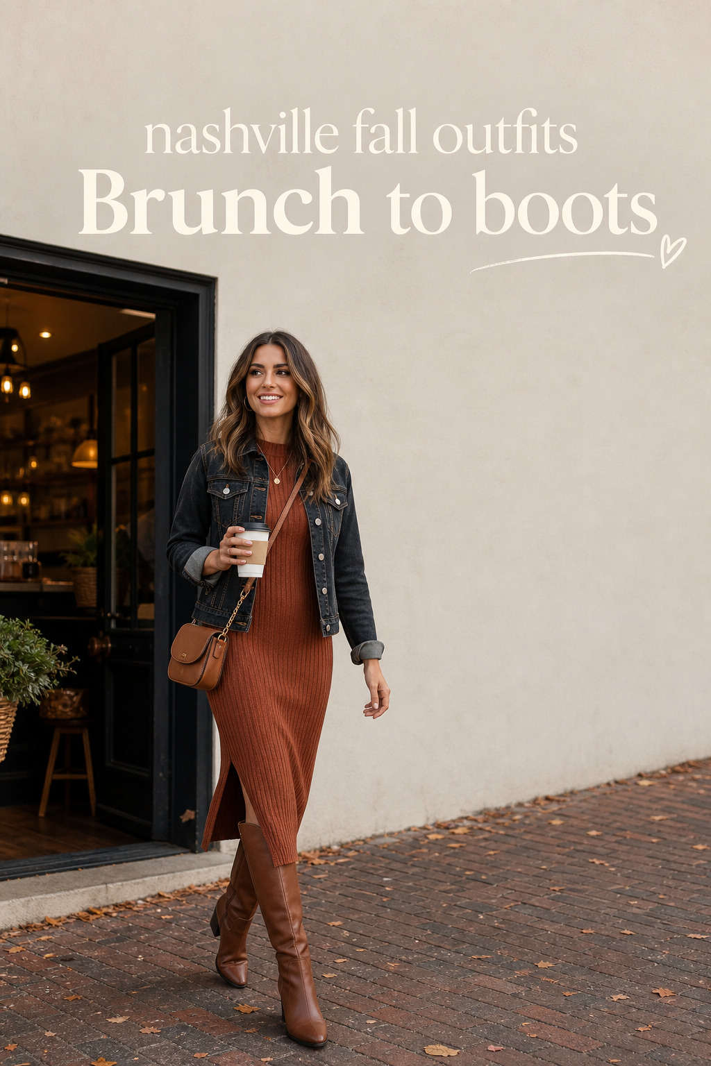 Nashville fall outfits with knit dress and boots