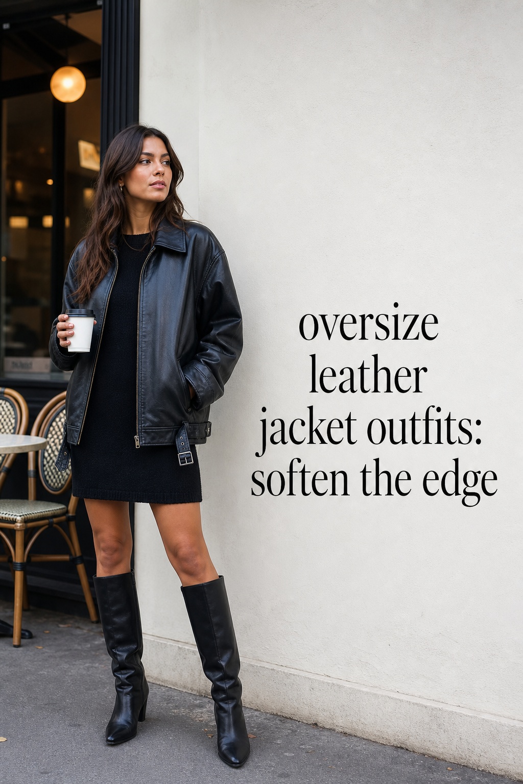 oversize leather jacket outfits with a knit dress and knee-high boots