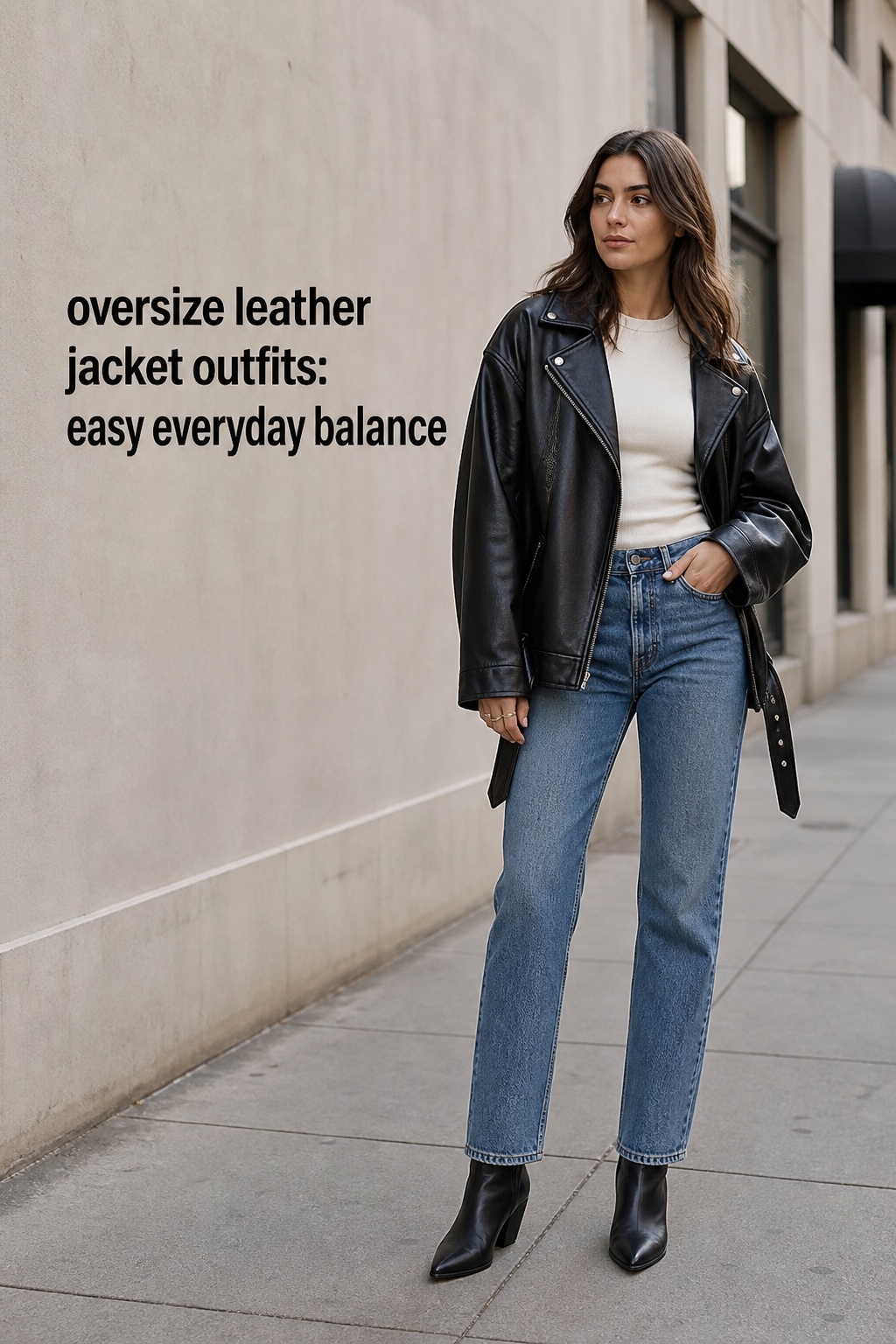 oversize leather jacket outfits with a fitted tee, straight jeans, and ankle boots