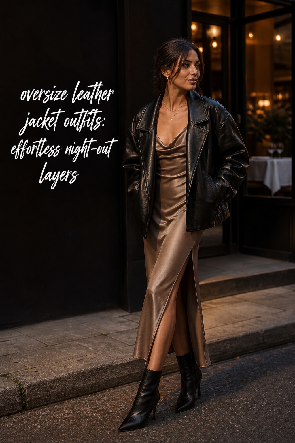 oversize leather jacket outfits with a satin dress for night