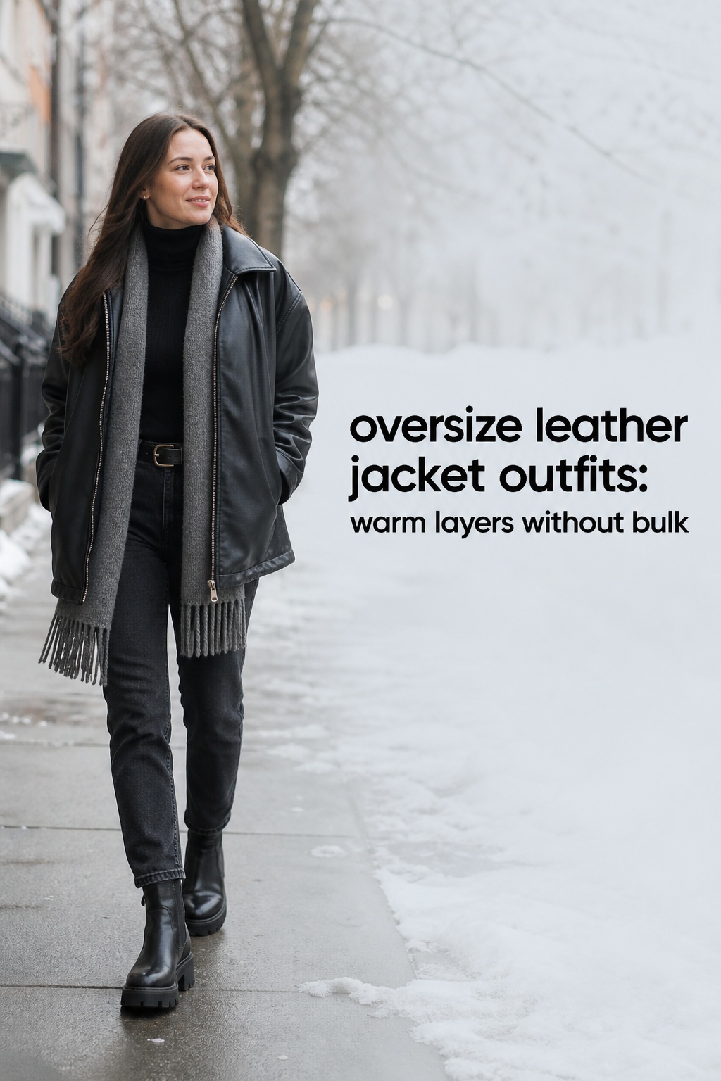 oversize leather jacket outfits with a turtleneck, scarf, and boots
