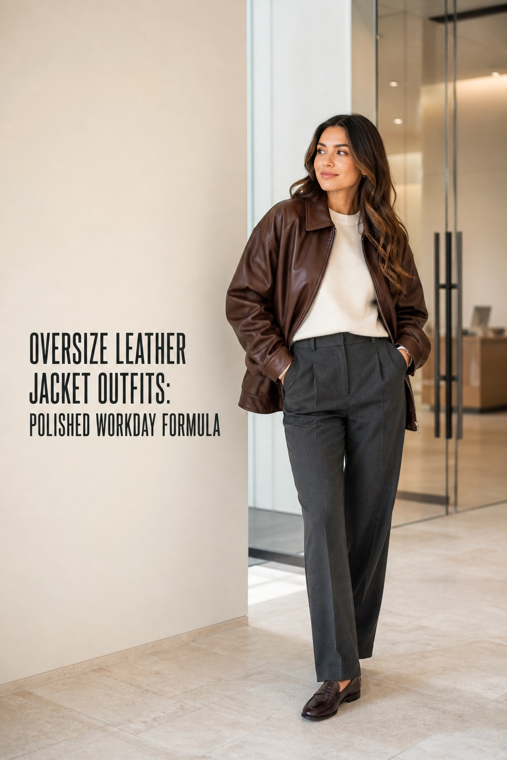 oversize leather jacket outfits with tailored trousers and loafers