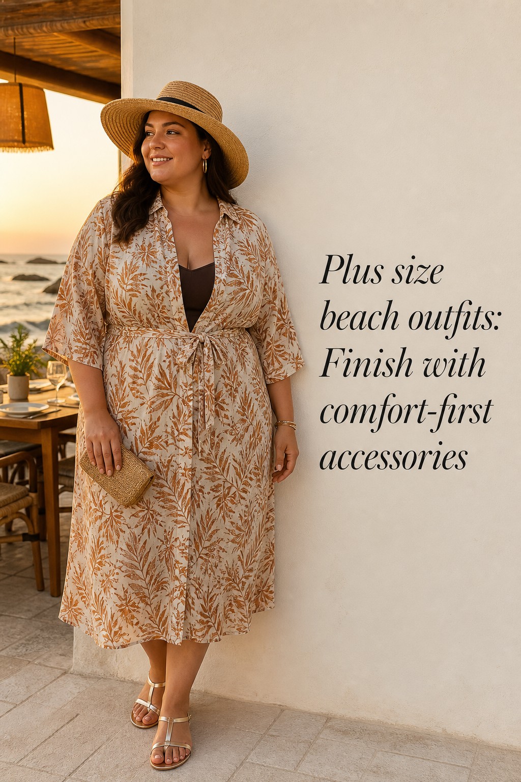 plus size beach outfits with a belted printed midi dress and comfortable sandals