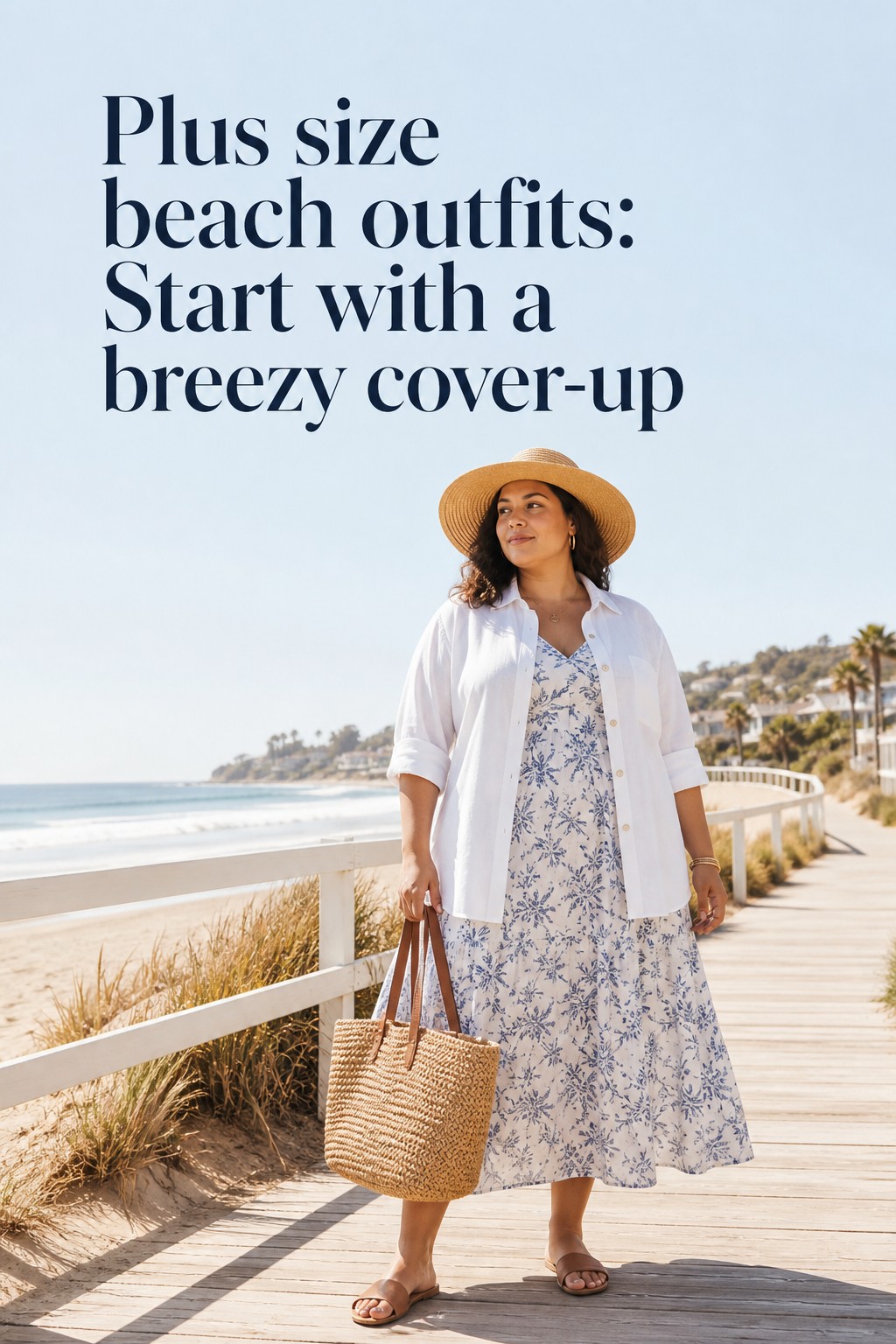 plus size beach outfits with a breezy linen shirt cover-up and floral dress