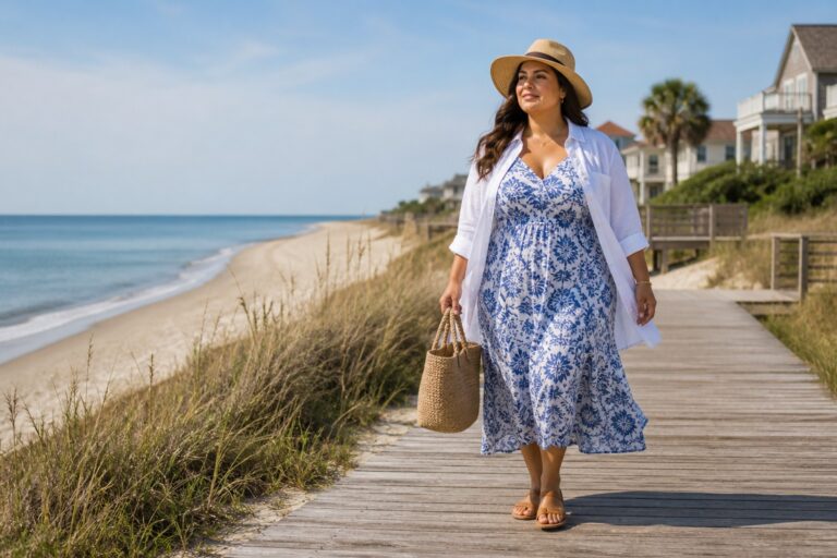 plus size beach outfits with a blue printed dress, linen shirt, and straw hat by the beach