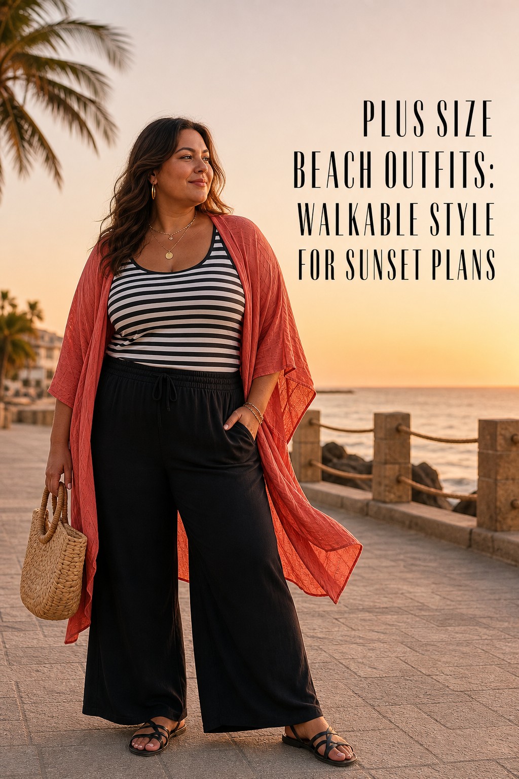 plus size beach outfits with wide-leg pants, striped tank, and coral kimono