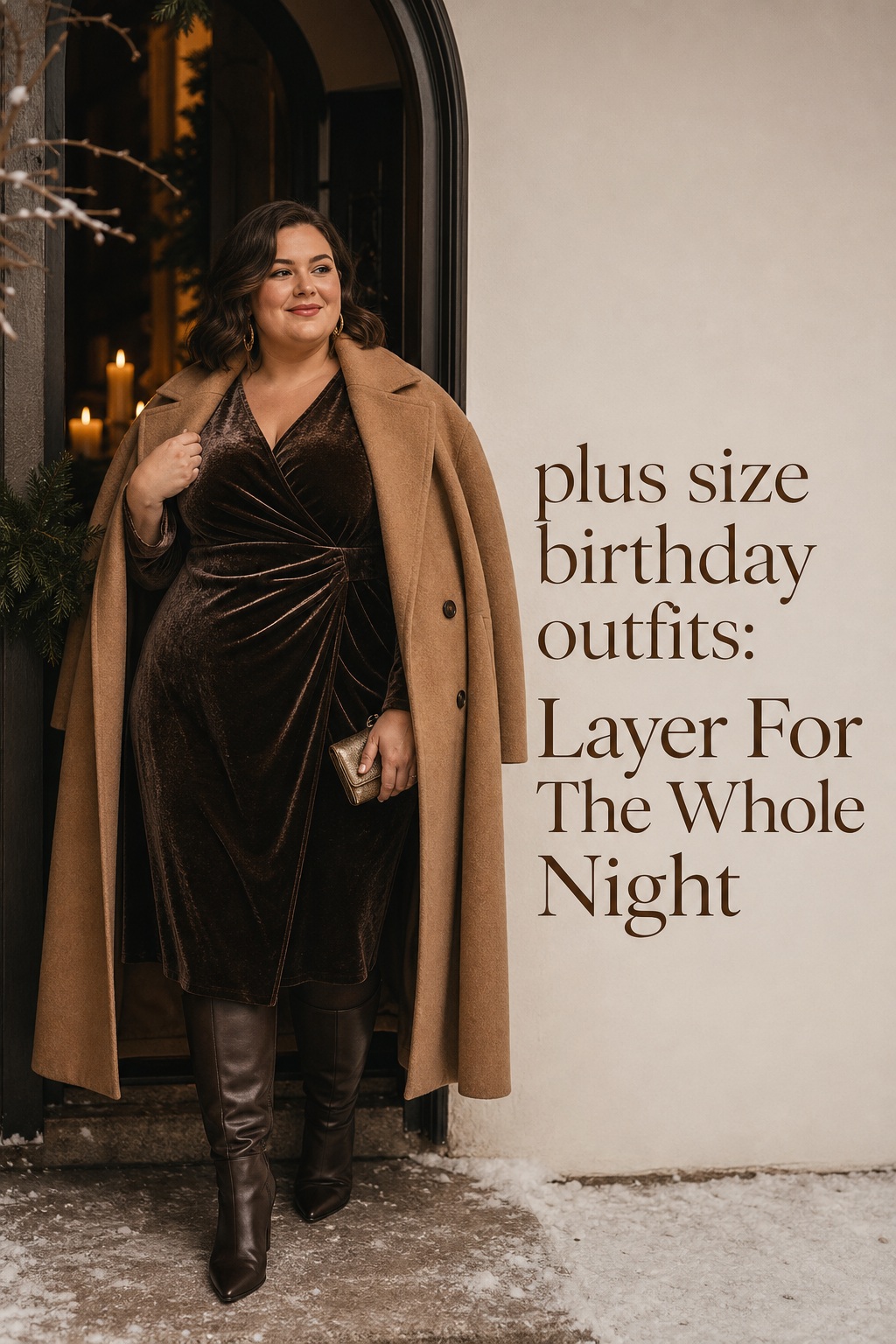 plus size birthday outfits velvet dress and camel coat for winter