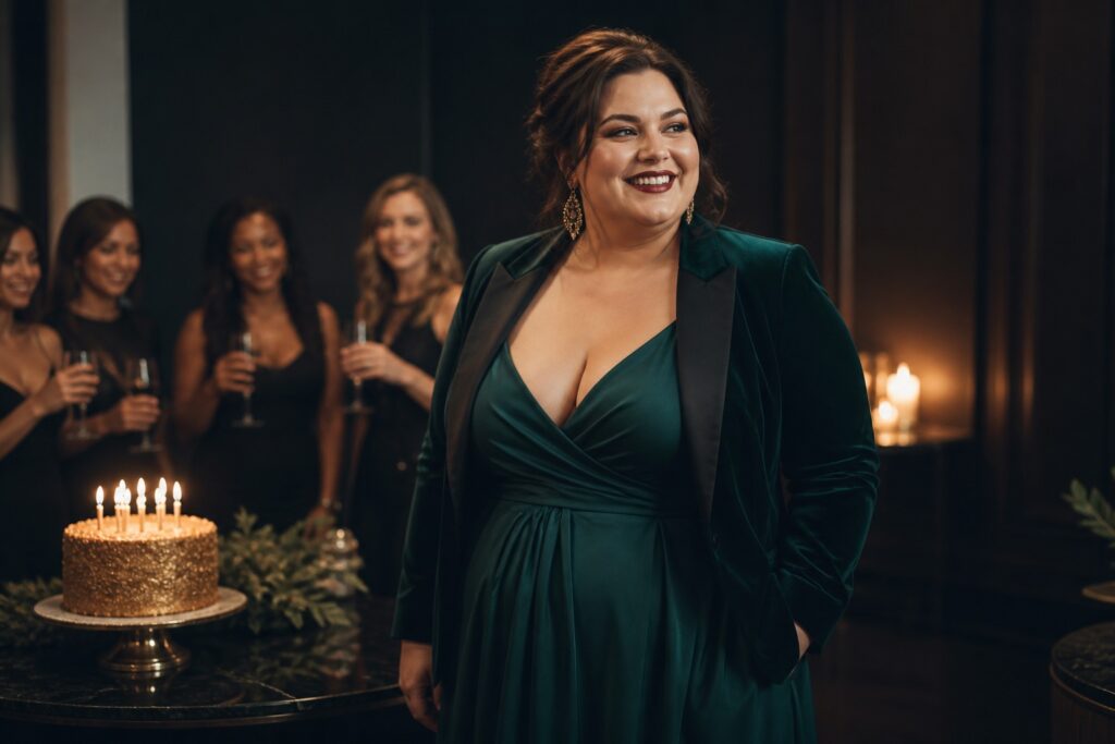 plus size birthday outfits jewel-tone dress and tailored jacket at an evening celebration