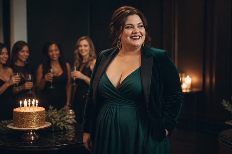 plus size birthday outfits jewel-tone dress and tailored jacket at an evening celebration