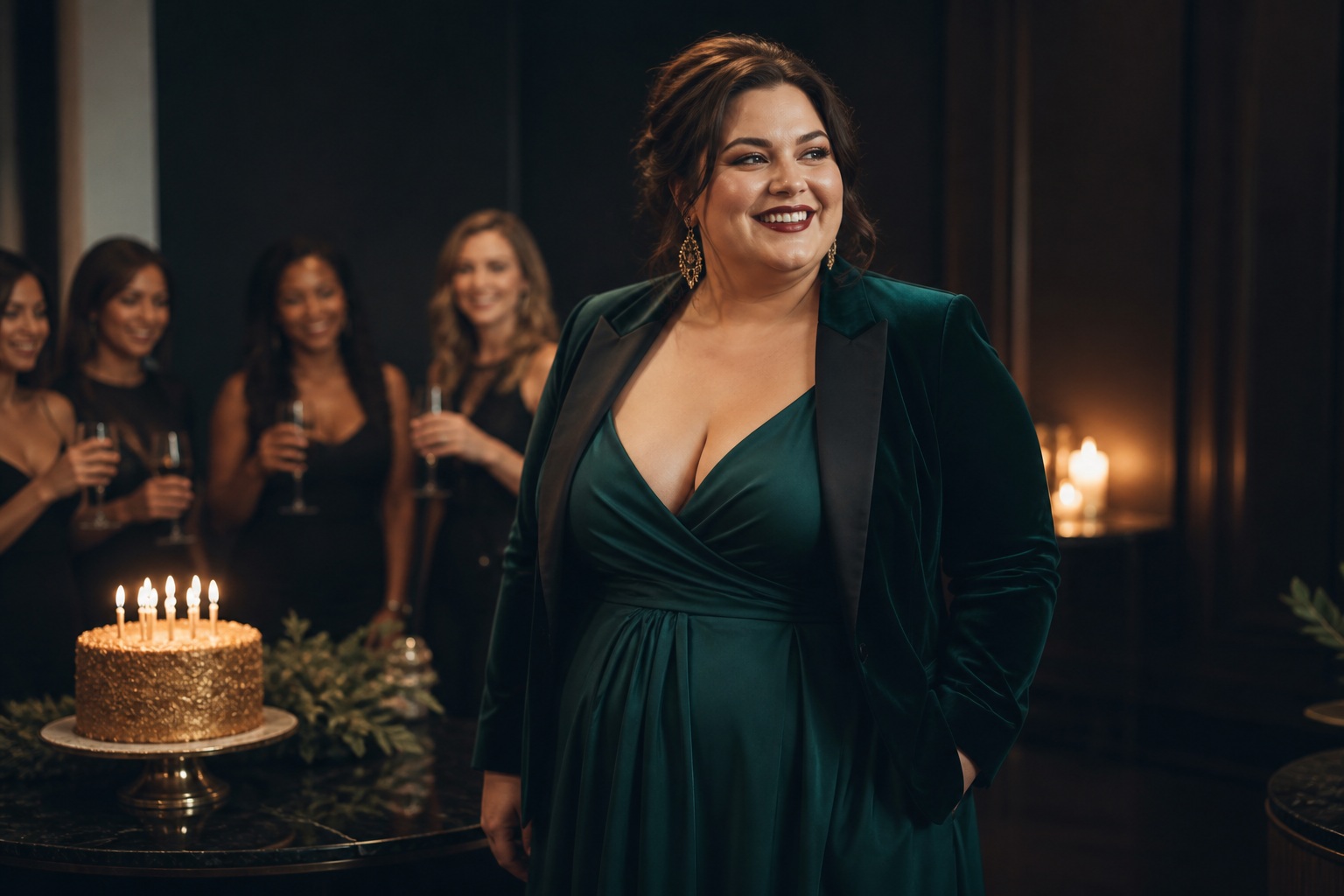 plus size birthday outfits jewel-tone dress and tailored jacket at an evening celebration