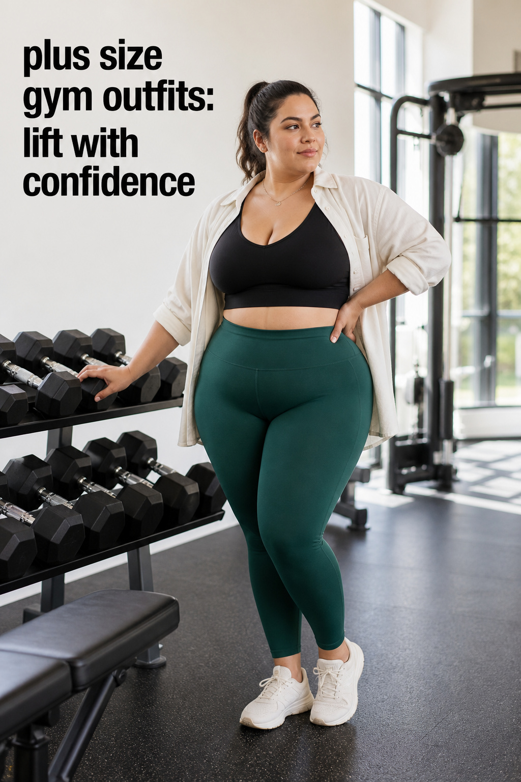 plus size gym outfits with emerald leggings, a black sports bra, and a cream overshirt
