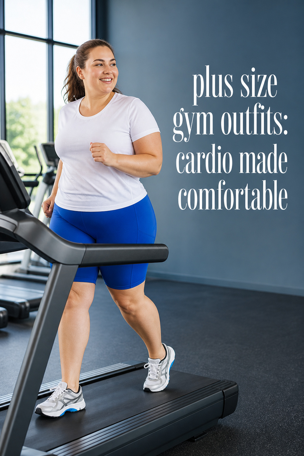 plus size gym outfits with cobalt bike shorts, a white tee, and running shoes