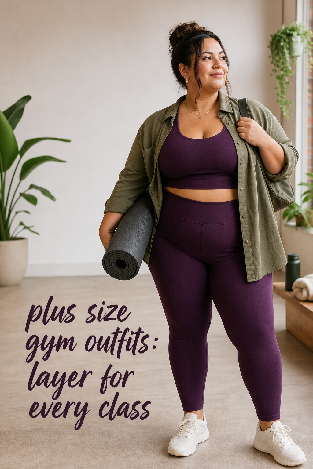 plus size gym outfits with a plum matching set and an olive overshirt