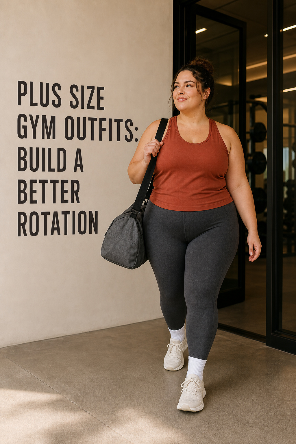plus size gym outfits with charcoal leggings, a rust tank, and a gym bag