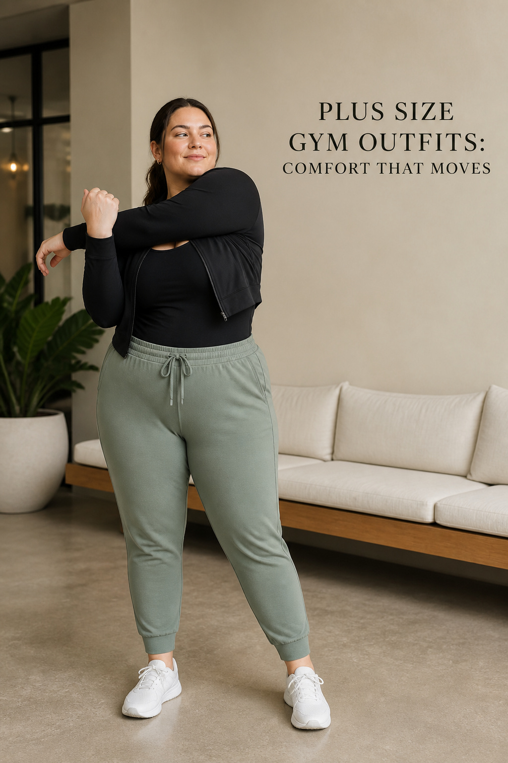 plus size gym outfits with sage joggers, a black tank, and a cropped jacket