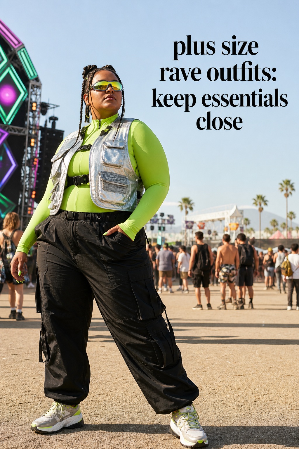 plus size rave outfits with a neon top, cargo trousers, reflective vest, and festival stage
