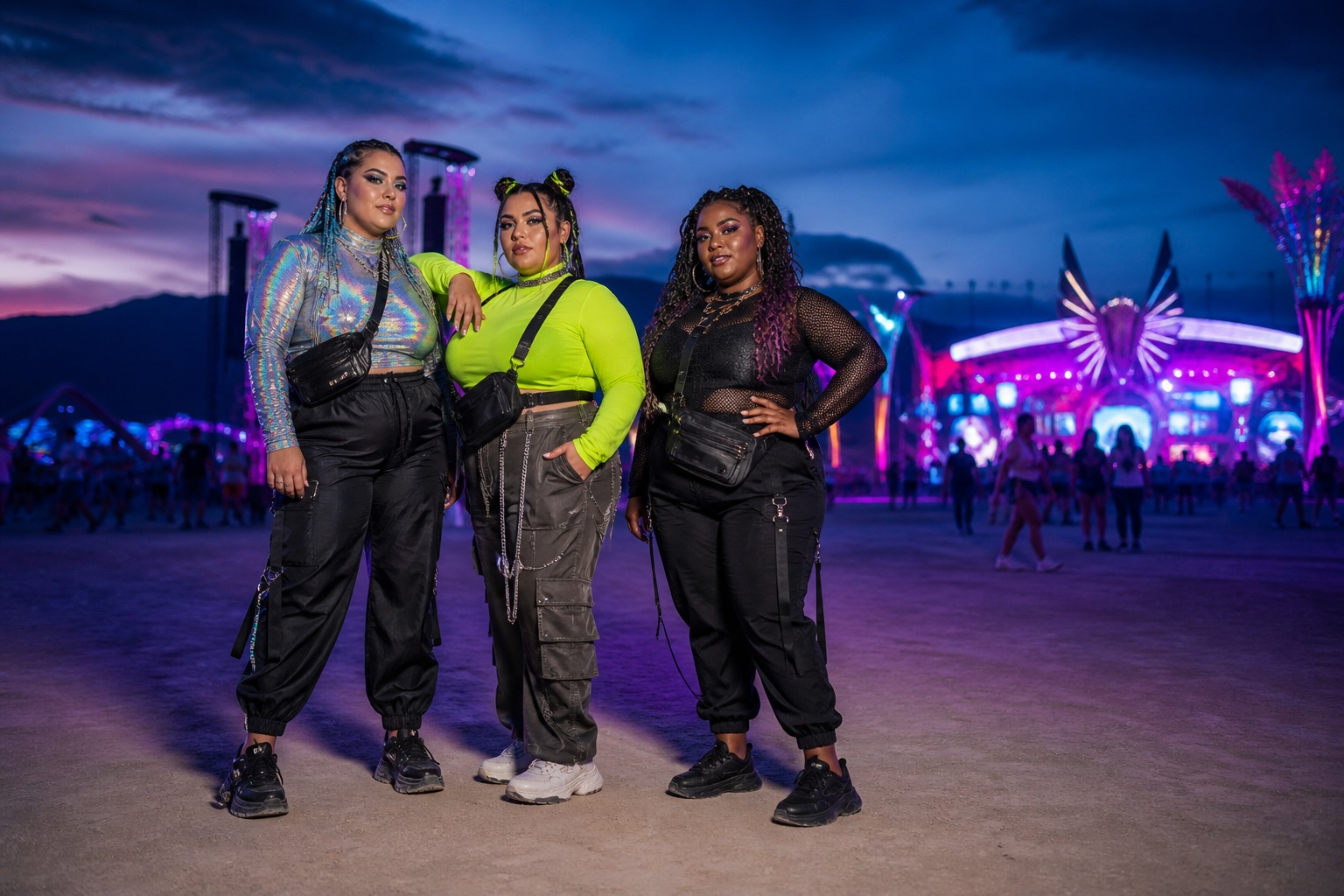 plus size rave outfits with three models in iridescent, neon, and black festival looks