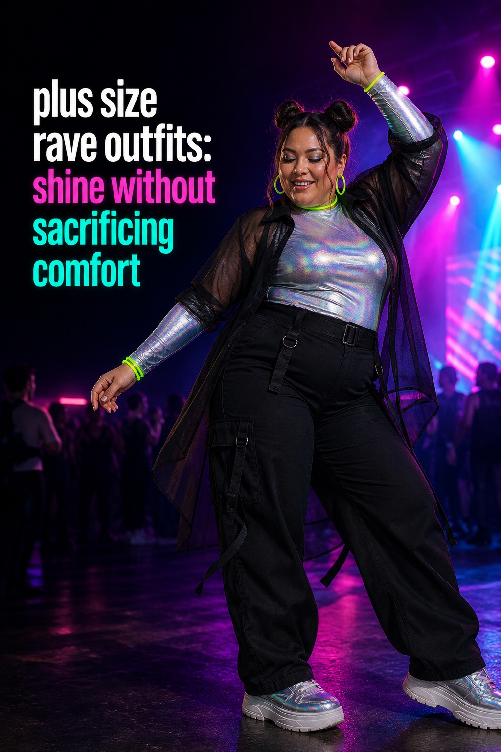 plus size rave outfits with an iridescent top, black utility pants, and neon lights