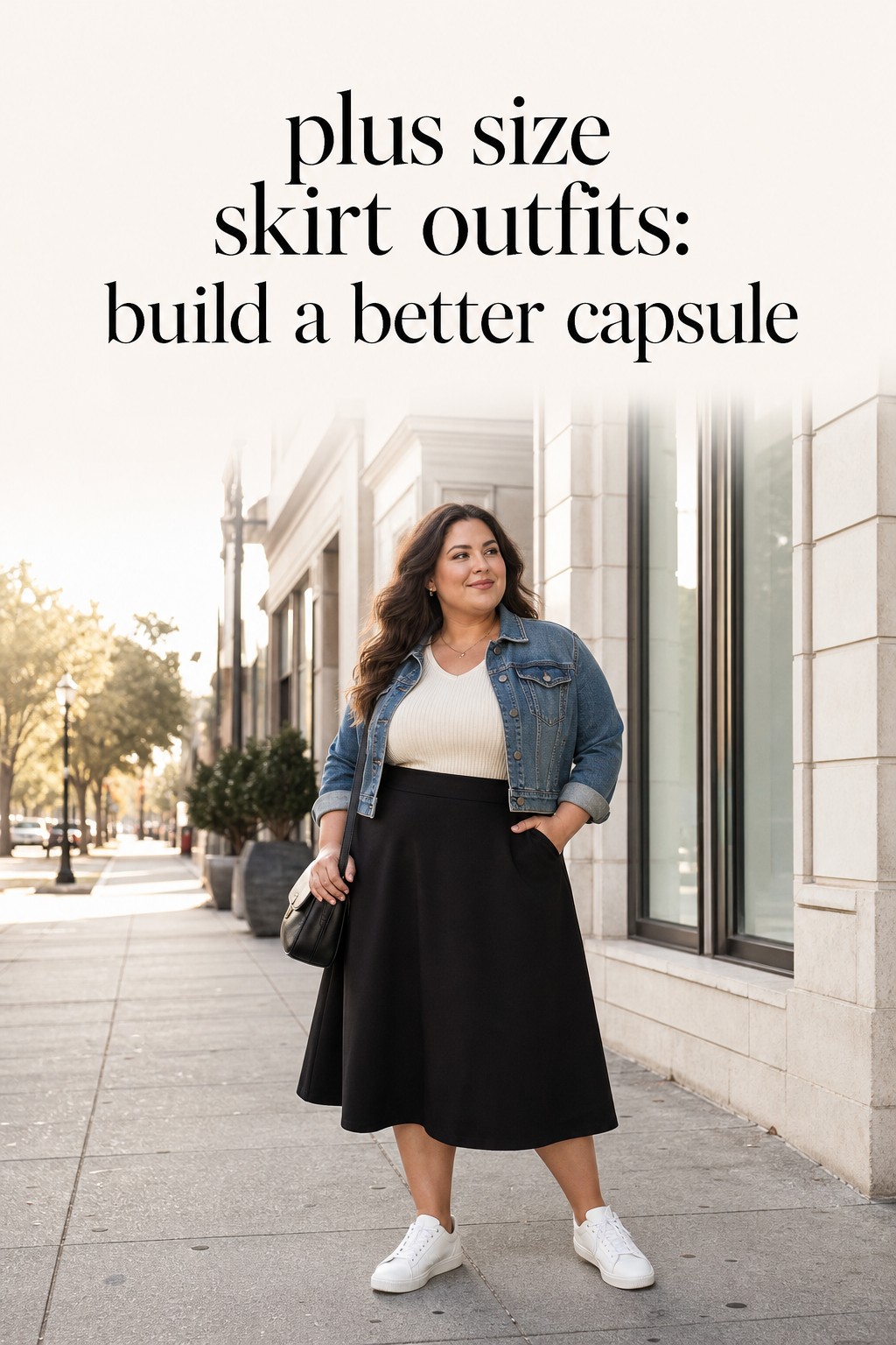 plus size skirt outfits with a black A-line midi skirt and denim jacket