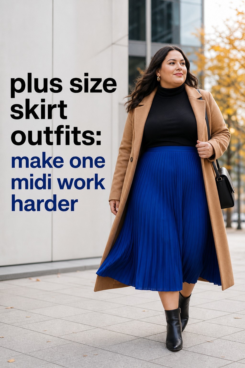 plus size skirt outfits with a cobalt pleated midi skirt and camel coat