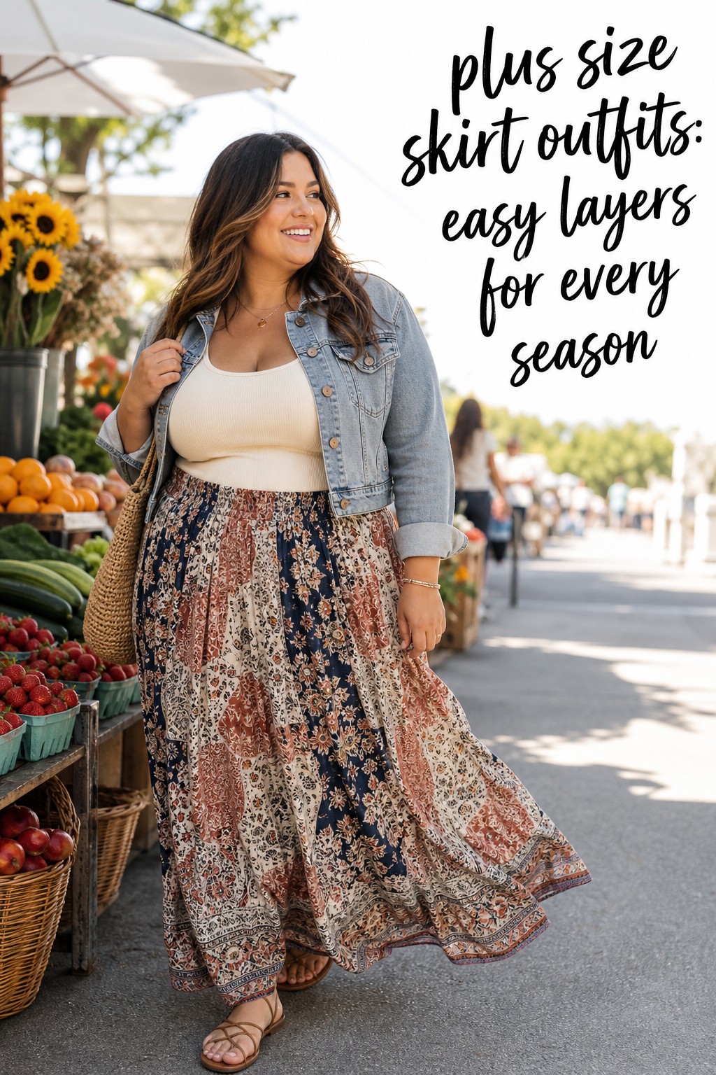 plus size skirt outfits with a printed maxi skirt and denim jacket