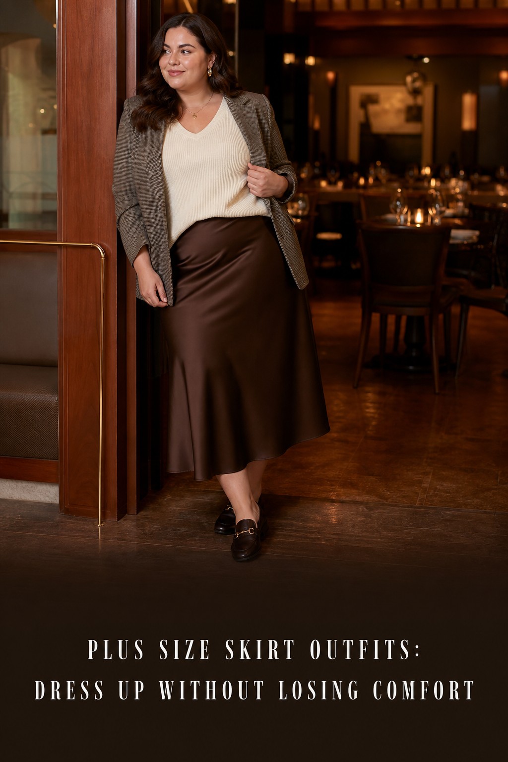 plus size skirt outfits with a chocolate satin midi skirt and blazer