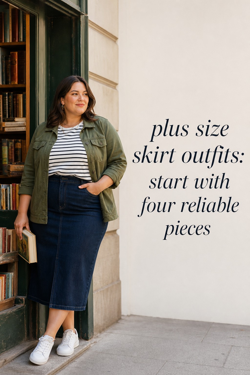 plus size skirt outfits with a dark denim midi skirt and striped tee