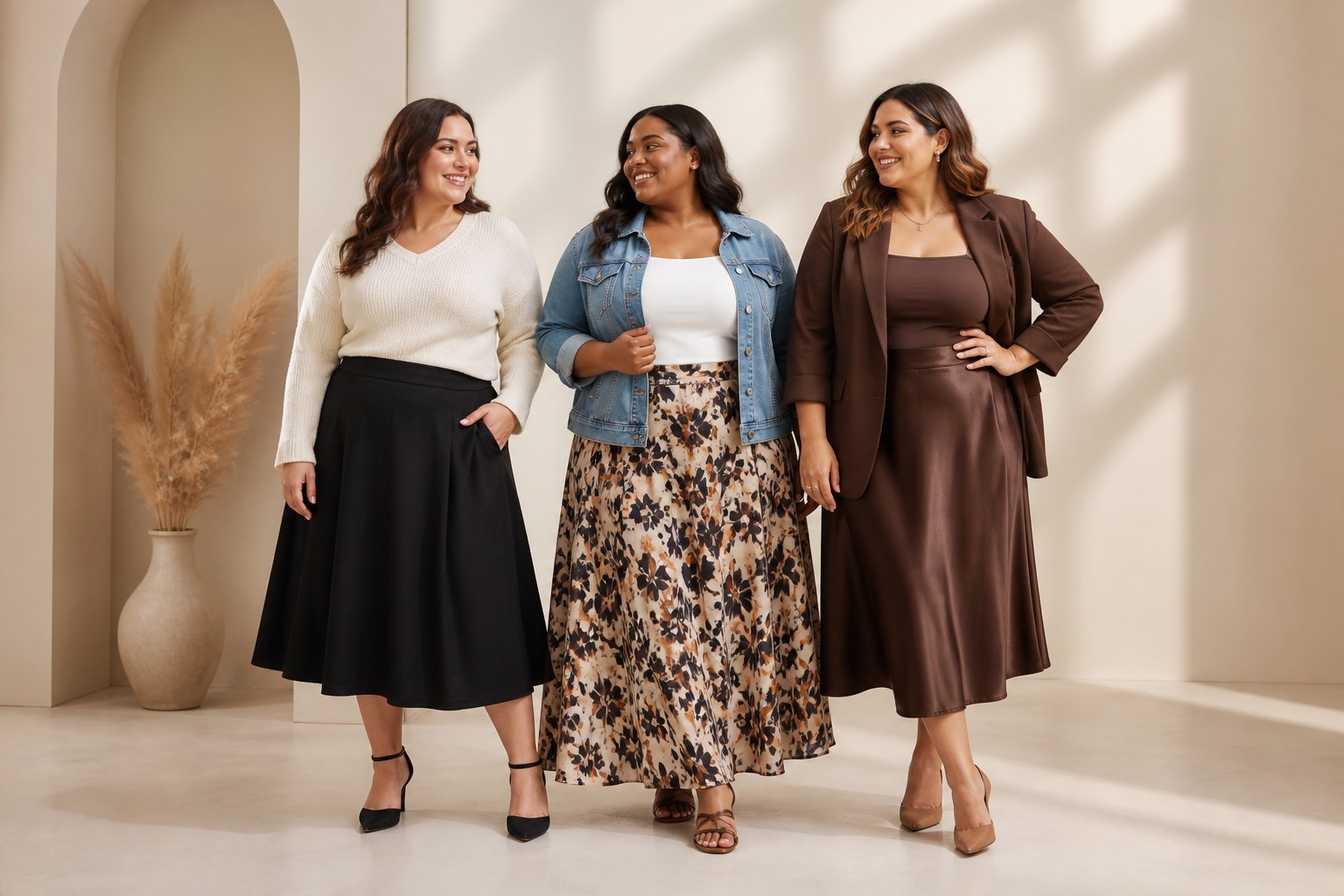 plus size skirt outfits featuring black, printed, and chocolate midi skirt looks