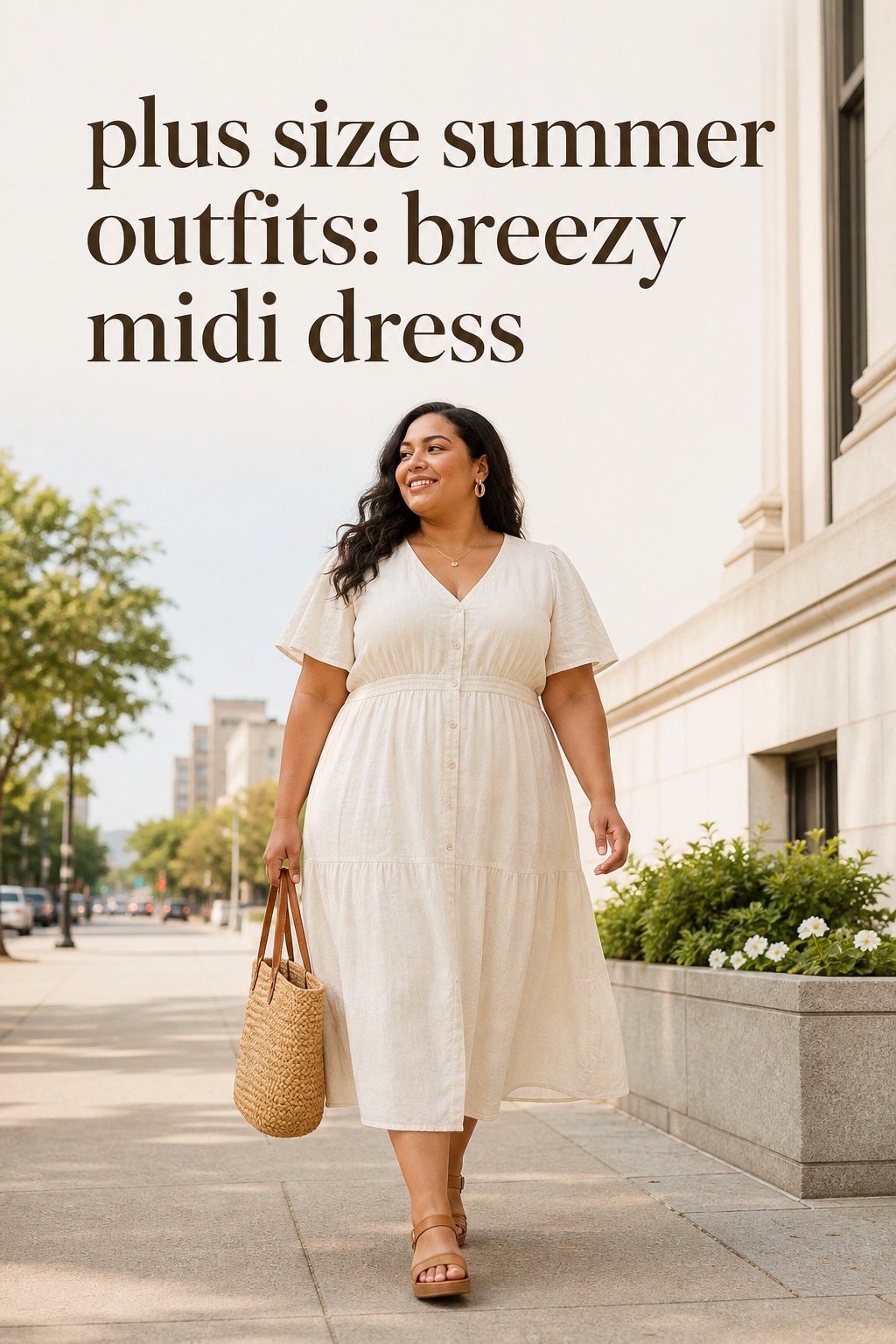 plus size summer outfits with a breezy ivory midi dress, sandals, and woven tote