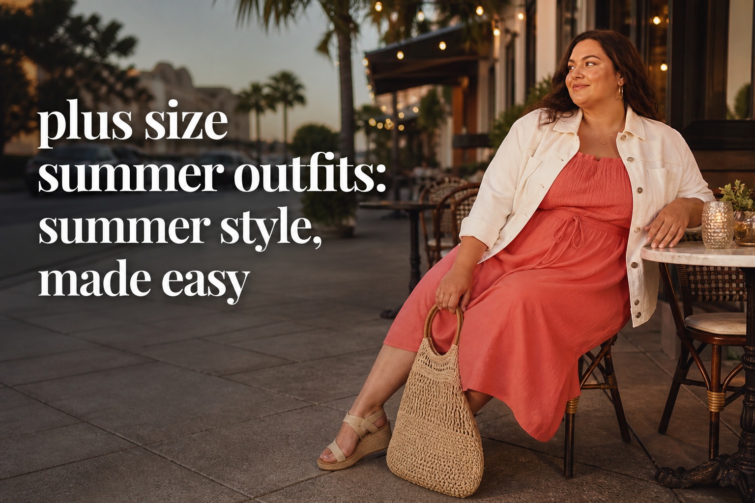 plus size summer outfits with a coral midi dress, cream jacket, and woven bag at an outdoor cafe