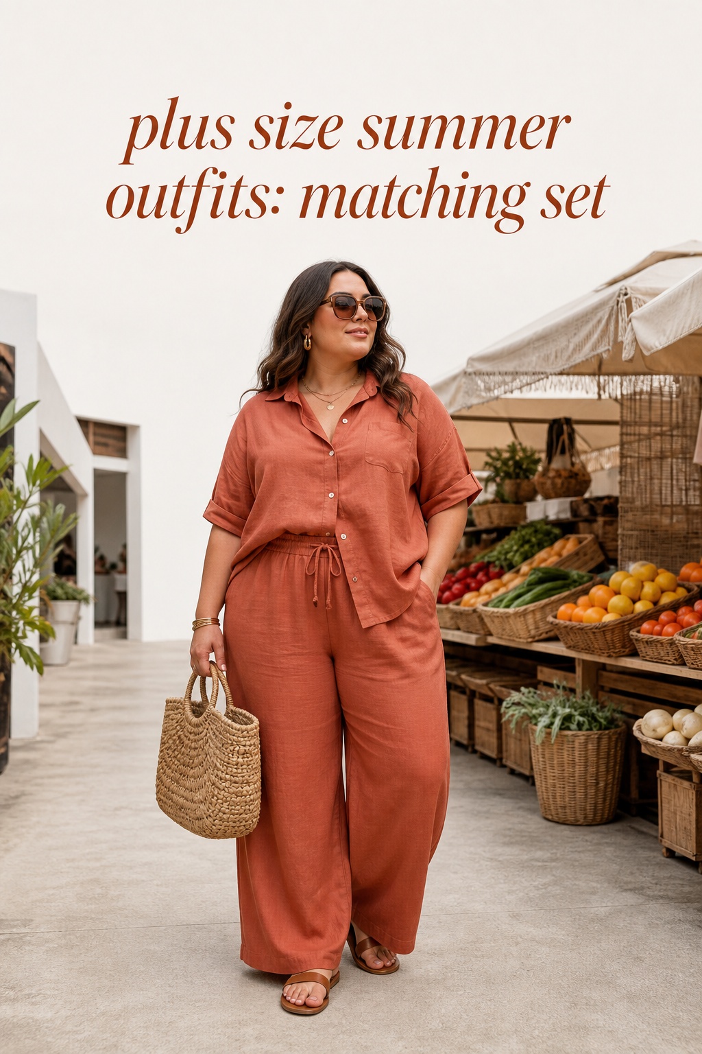 plus size summer outfits with a terracotta linen matching set, woven bag, and flat sandals