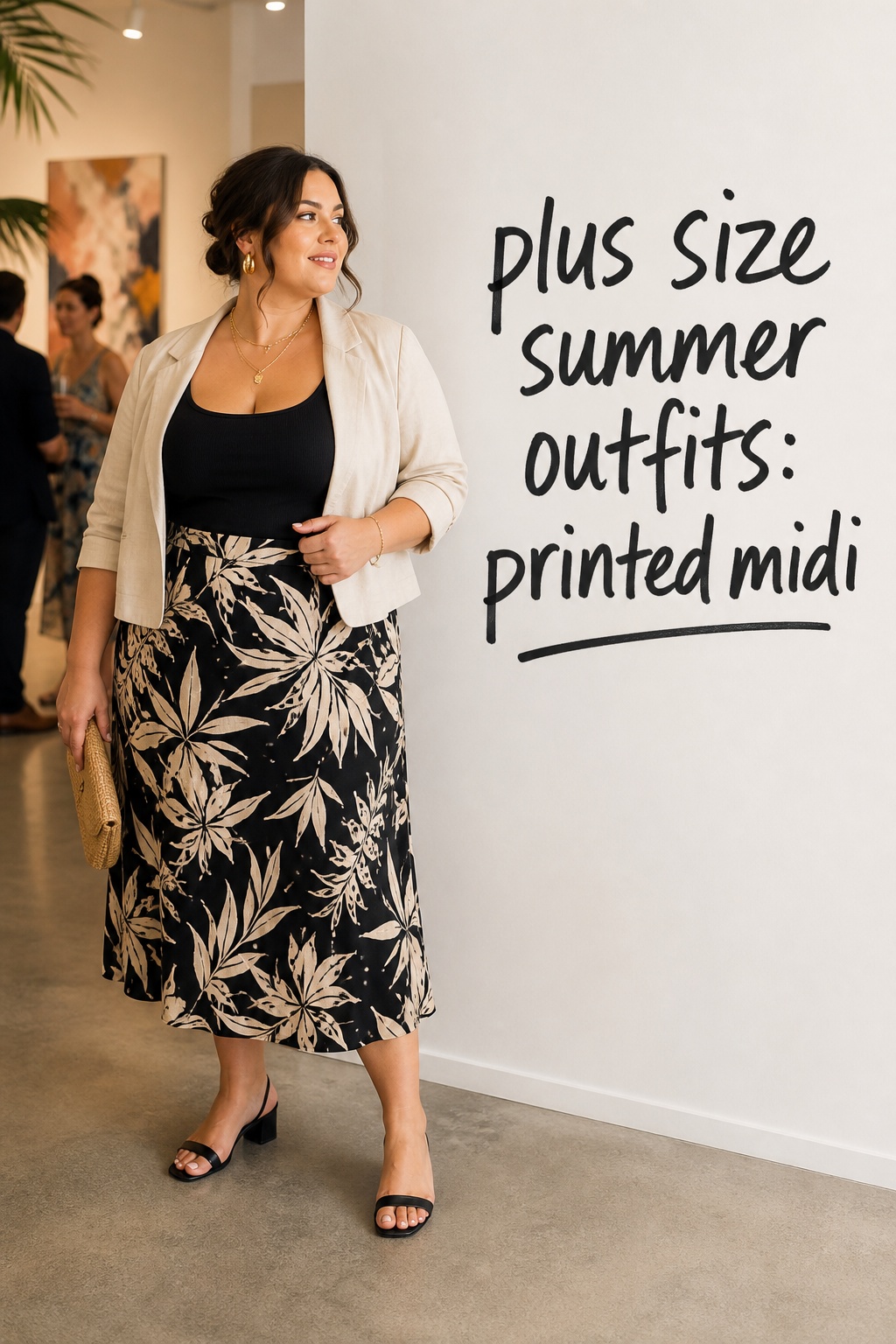 plus size summer outfits with a printed midi skirt, black tank, cropped blazer, and block heels