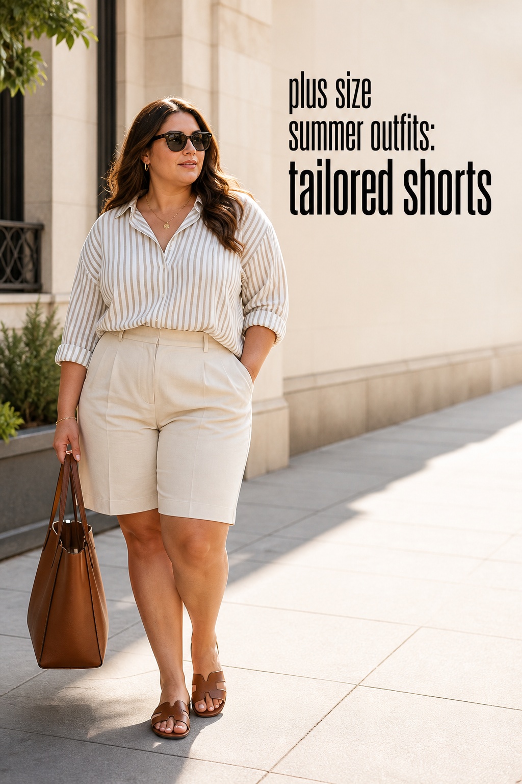 plus size summer outfits with tailored longer shorts, striped button-down, and leather sandals