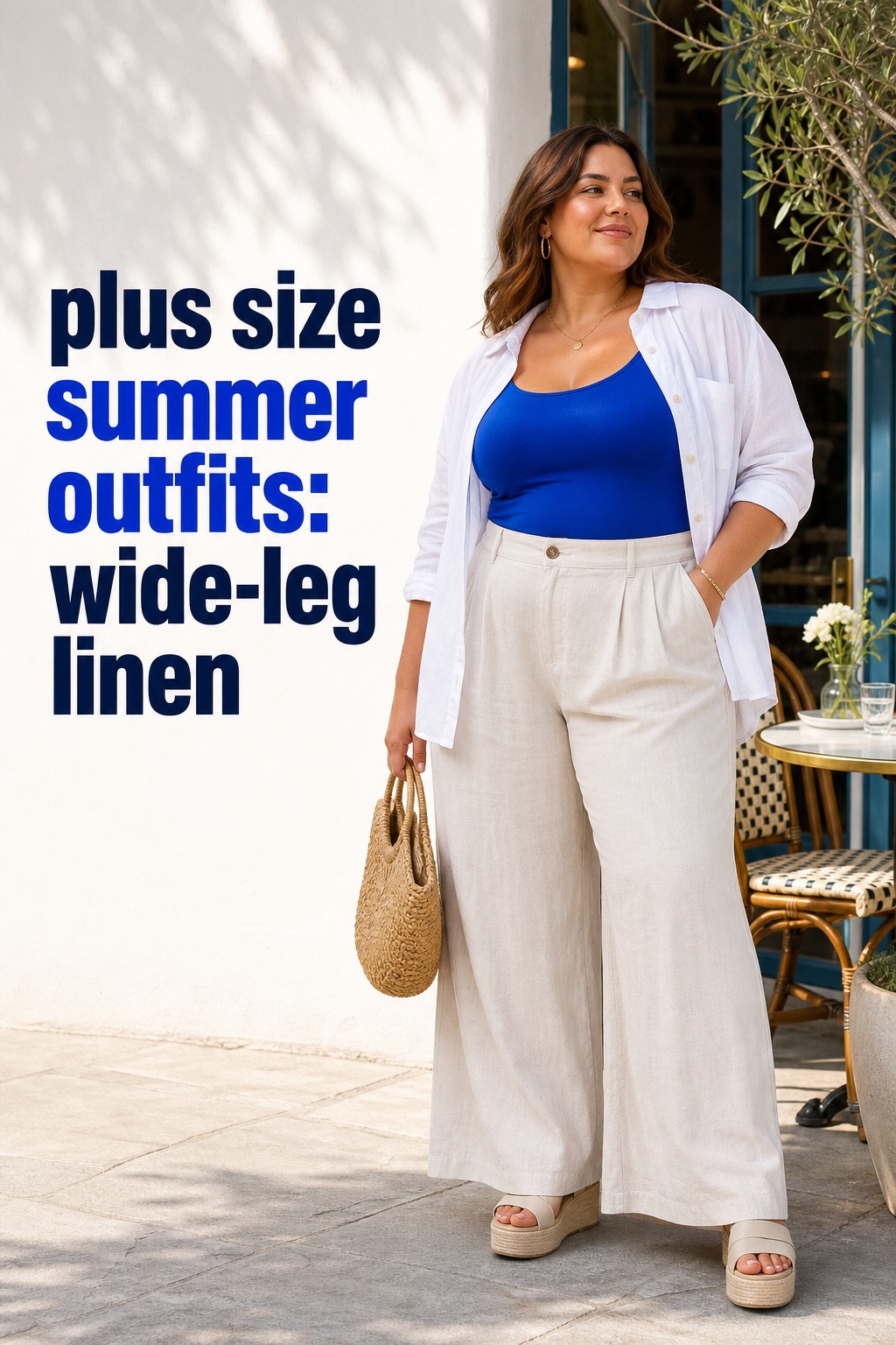 plus size summer outfits with wide-leg linen trousers, cobalt tank, and open white shirt