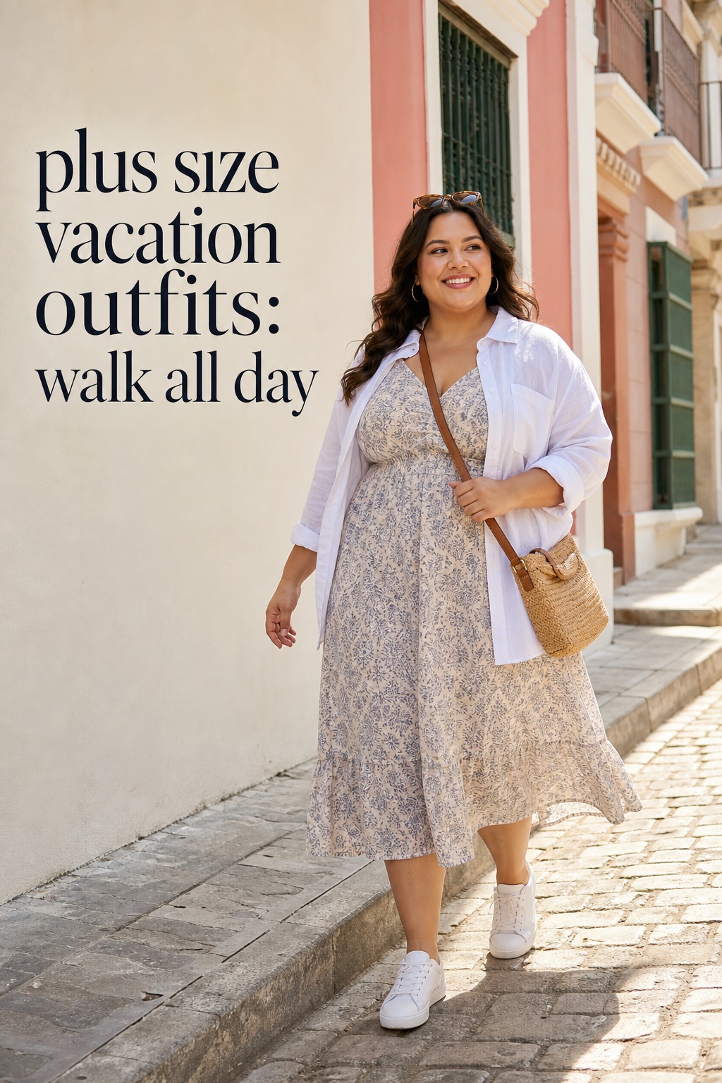plus size vacation outfits for sightseeing in a breezy midi dress and sneakers