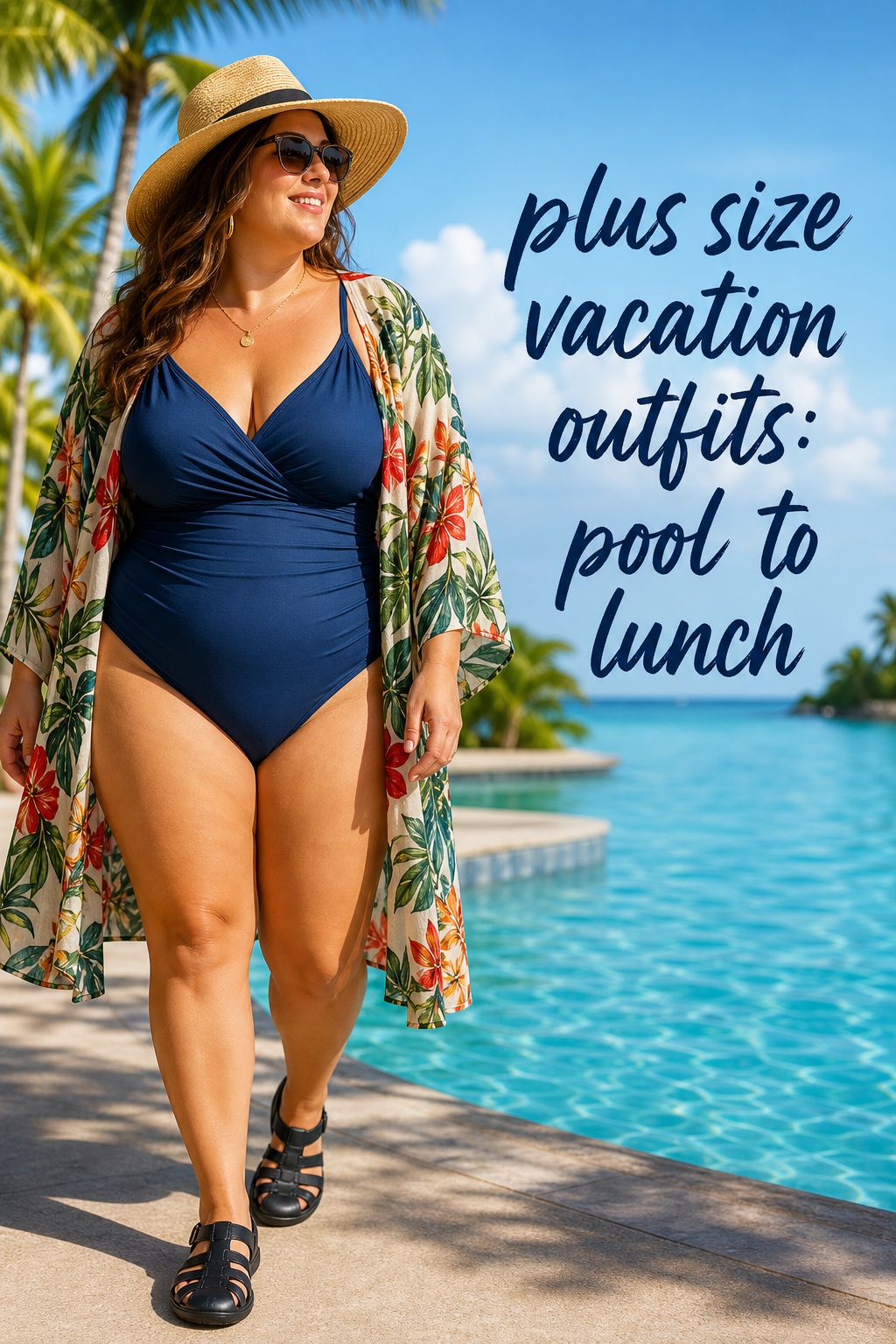 plus size vacation outfits for pool days with a supportive swimsuit and kimono