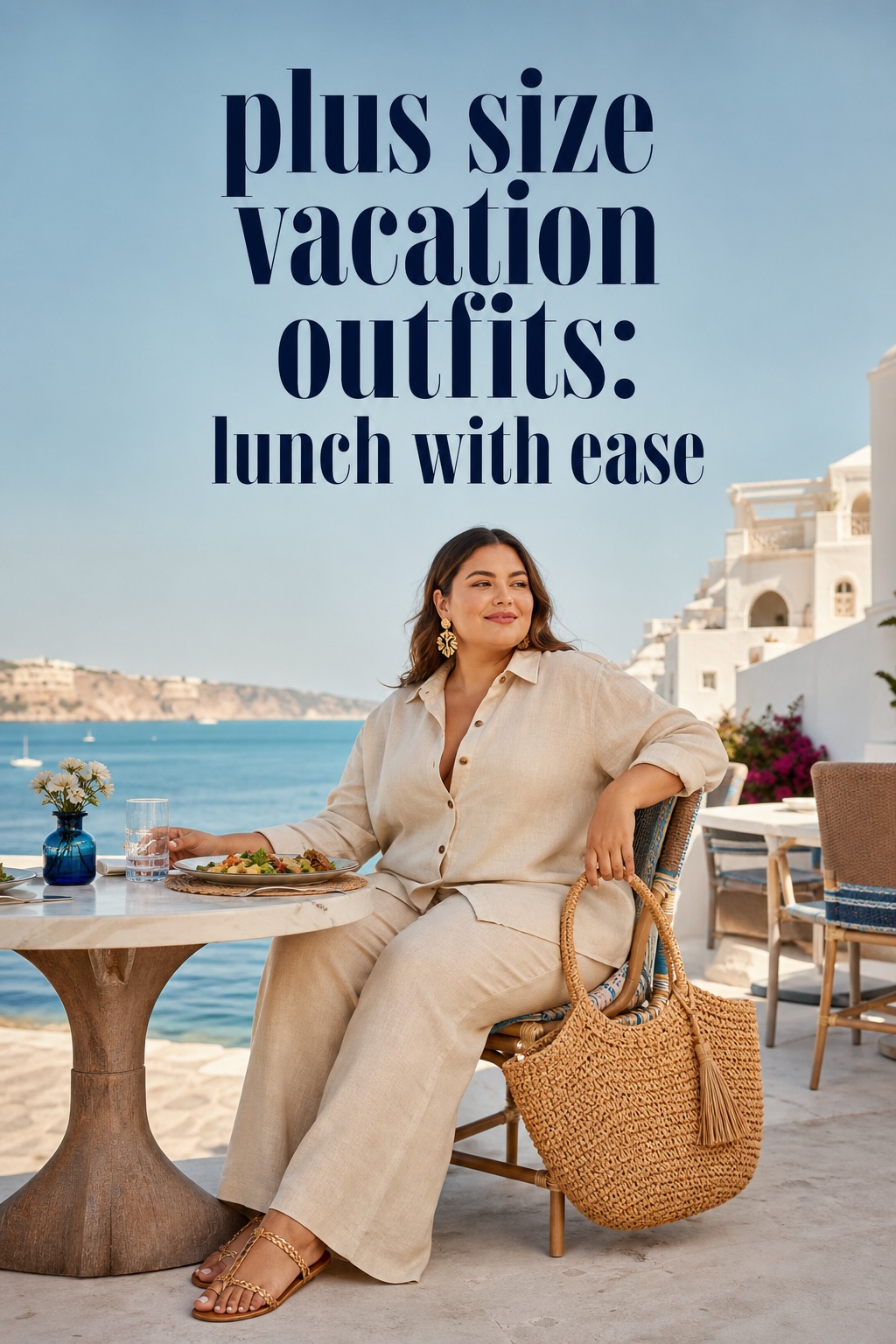 plus size vacation outfits for lunch in a linen shirt and wide-leg trouser set