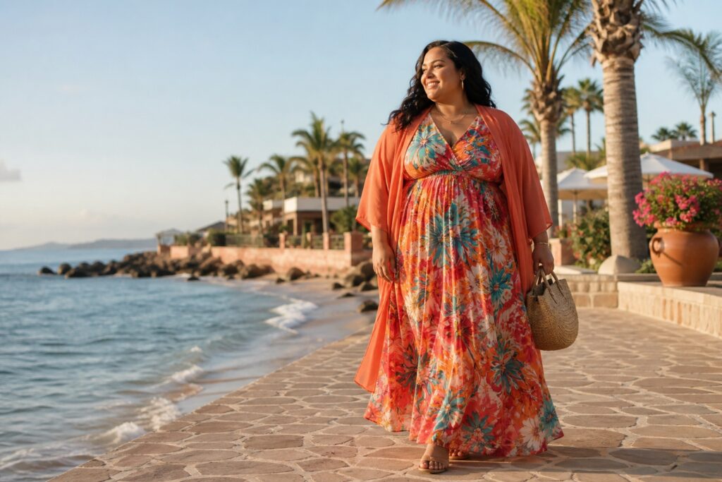 plus size vacation outfits in a colorful maxi dress at a coastal resort