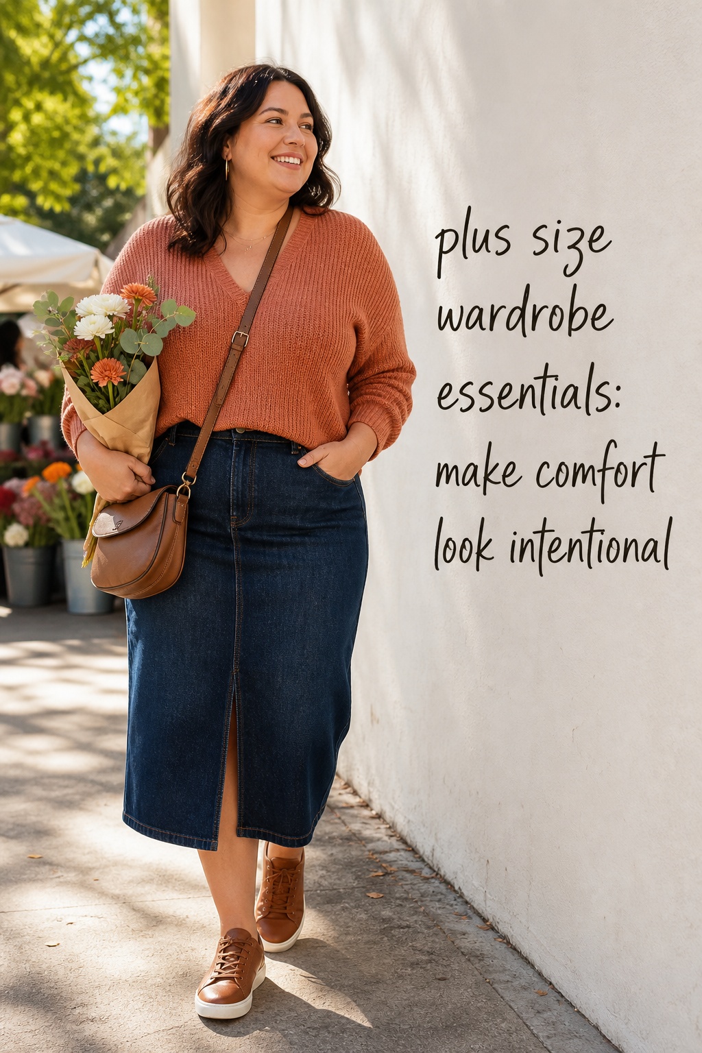 plus size wardrobe essentials with a terracotta knit, denim midi skirt, and sneakers