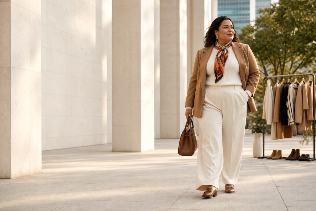 plus size wardrobe essentials capsule with cream knit, camel blazer, trousers, loafers, and scarf