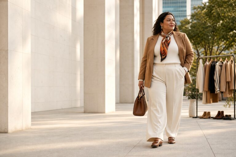 plus size wardrobe essentials capsule with cream knit, camel blazer, trousers, loafers, and scarf