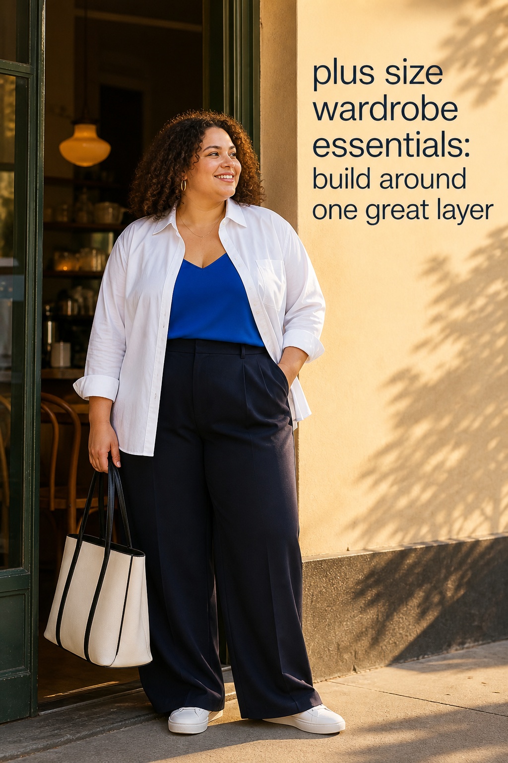 plus size wardrobe essentials with a white shirt, cobalt top, wide trousers, and sneakers