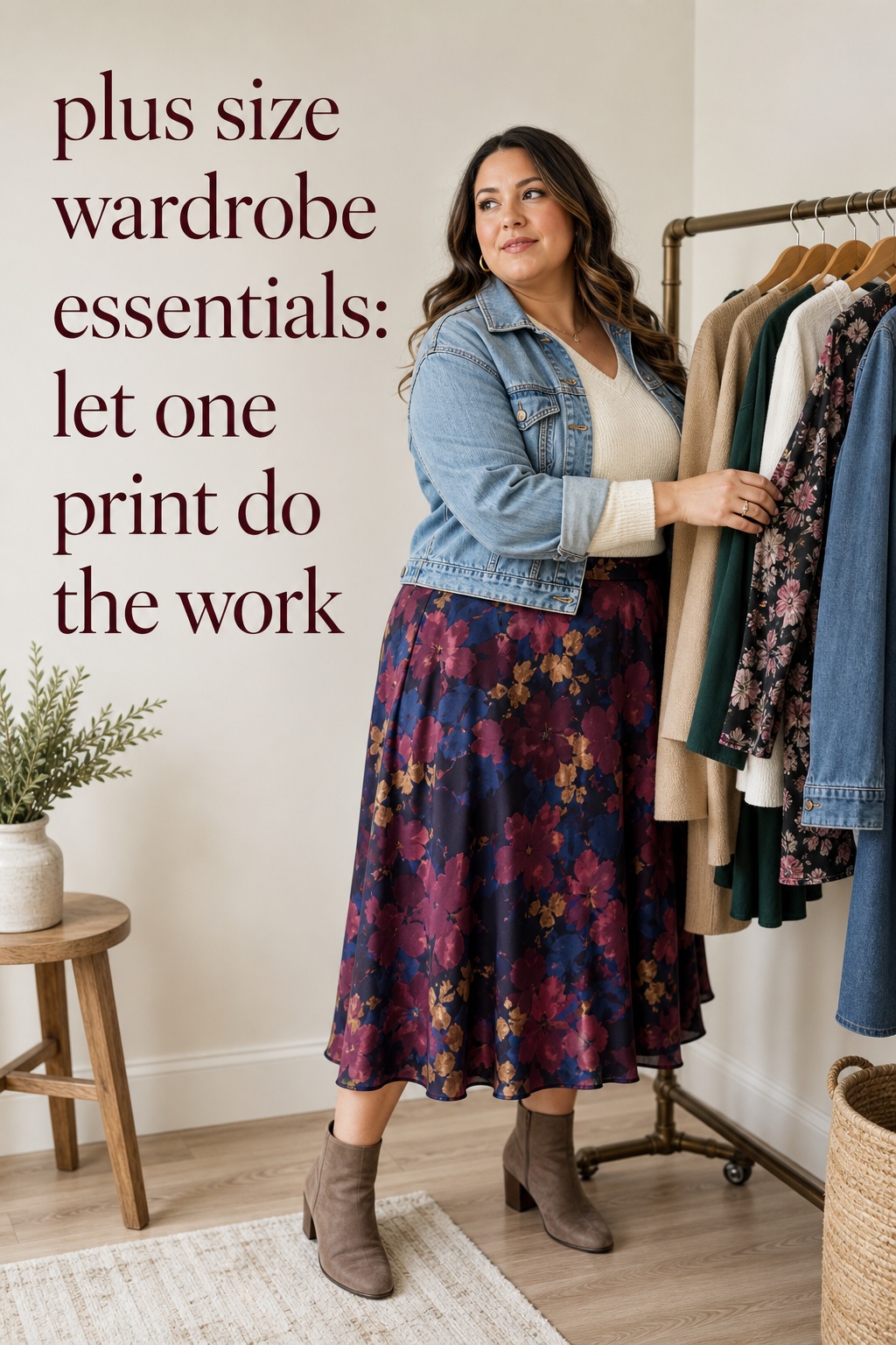 plus size wardrobe essentials with a floral midi skirt, ivory knit, and denim jacket